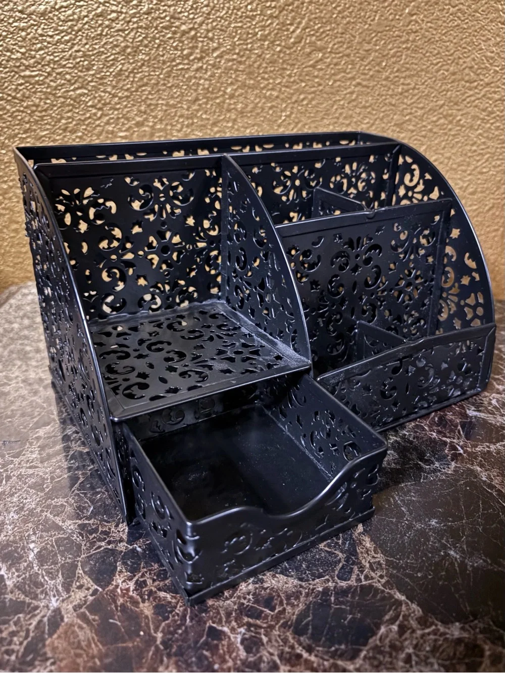 Black Ornate Metal Stationery Desk Storage Organizer